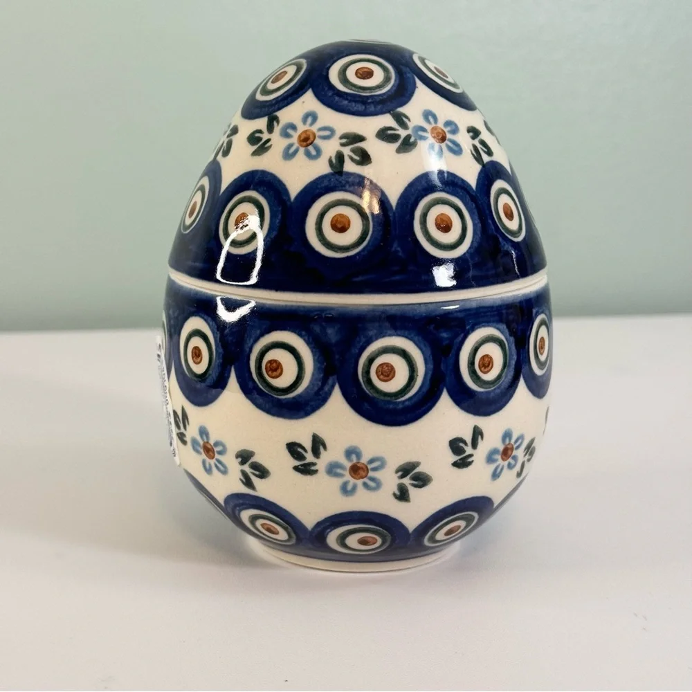 Boleslawiec Polish Pottery Easter Egg Container Candy 5” Handmade White Blue - Picture 2 of 10